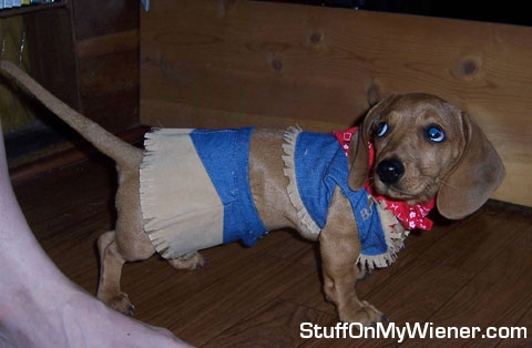 Mila in a cowgirl outfit.