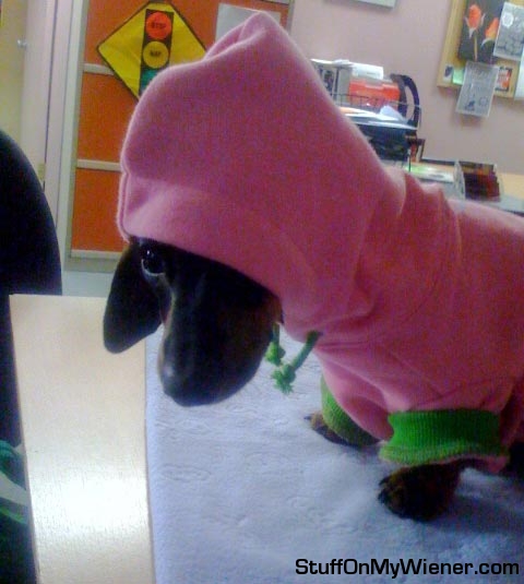 Parker in a hoodie.