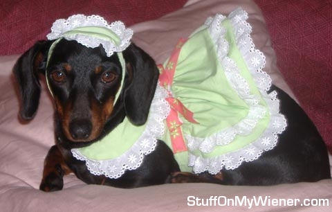 Scarlet in her green dress and bonnet.