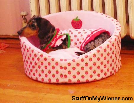 Pippi in a strawberry dress and matching bed.
