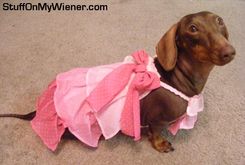 Anya in pink bowed dress.